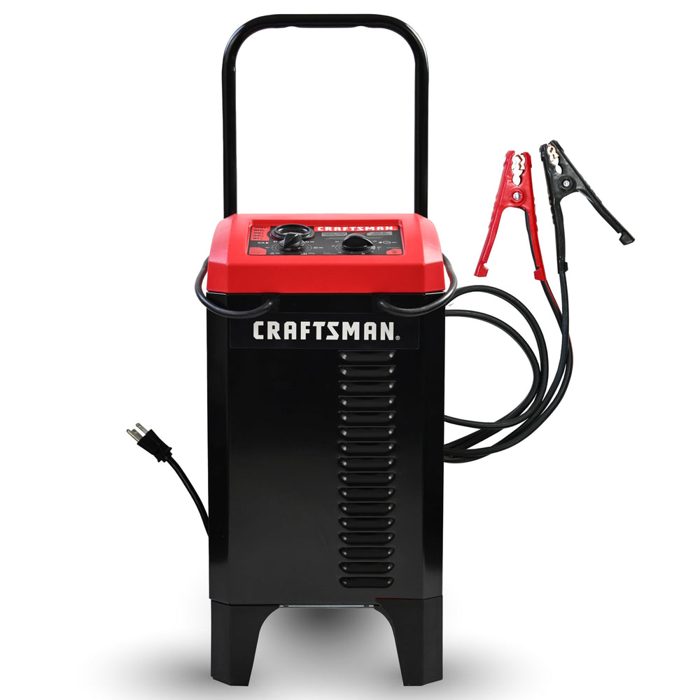 CRAFTSMAN front view of charger showing controls and steel case, built for durability