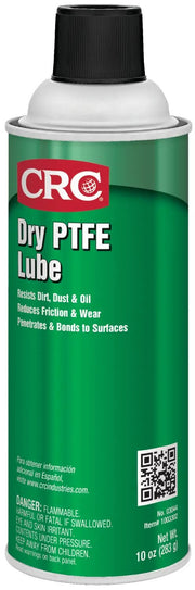 CRC dry PTFE lube front can showing label and 10 oz size benefit: clear identification