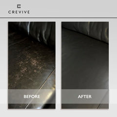 CREVIVE being applied to a sofa with a sponge restoring green color and hiding scuffs for refreshed upholstery