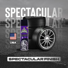 Person spraying Cristal Products onto tire demonstrating quick application and coverage