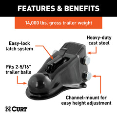 CURT 25330 side profile with mounting bolts visible, stable channel attachment benefit