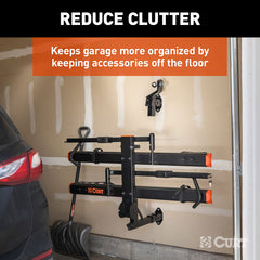 CURT receiver storing a bike rack vertically to save floor room and simplify reach