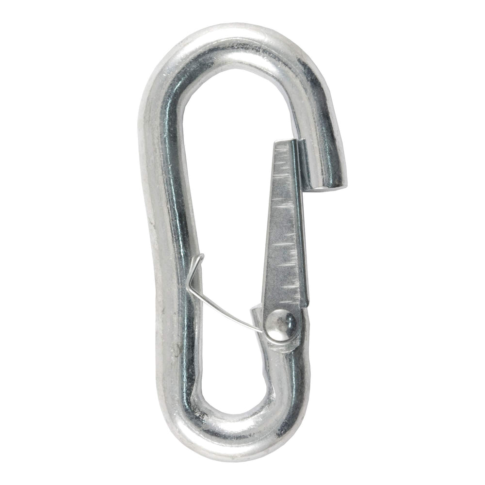 CURT snap hook front view showing zinc finish and secure design benefit