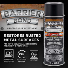 Custom Shop Barrier Bond spraying onto corroded metal showing easy application