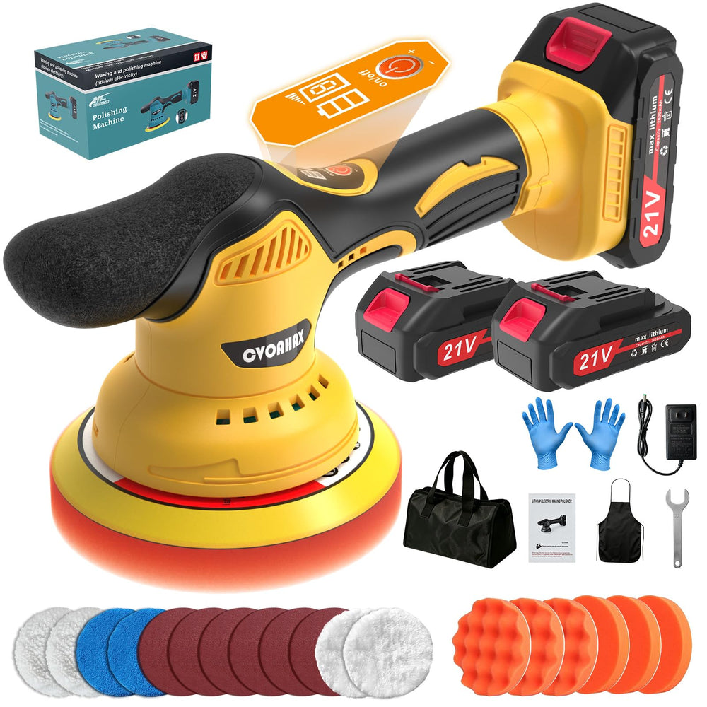 Cvoahax front view of cordless polisher kit showing included accessories and benefits