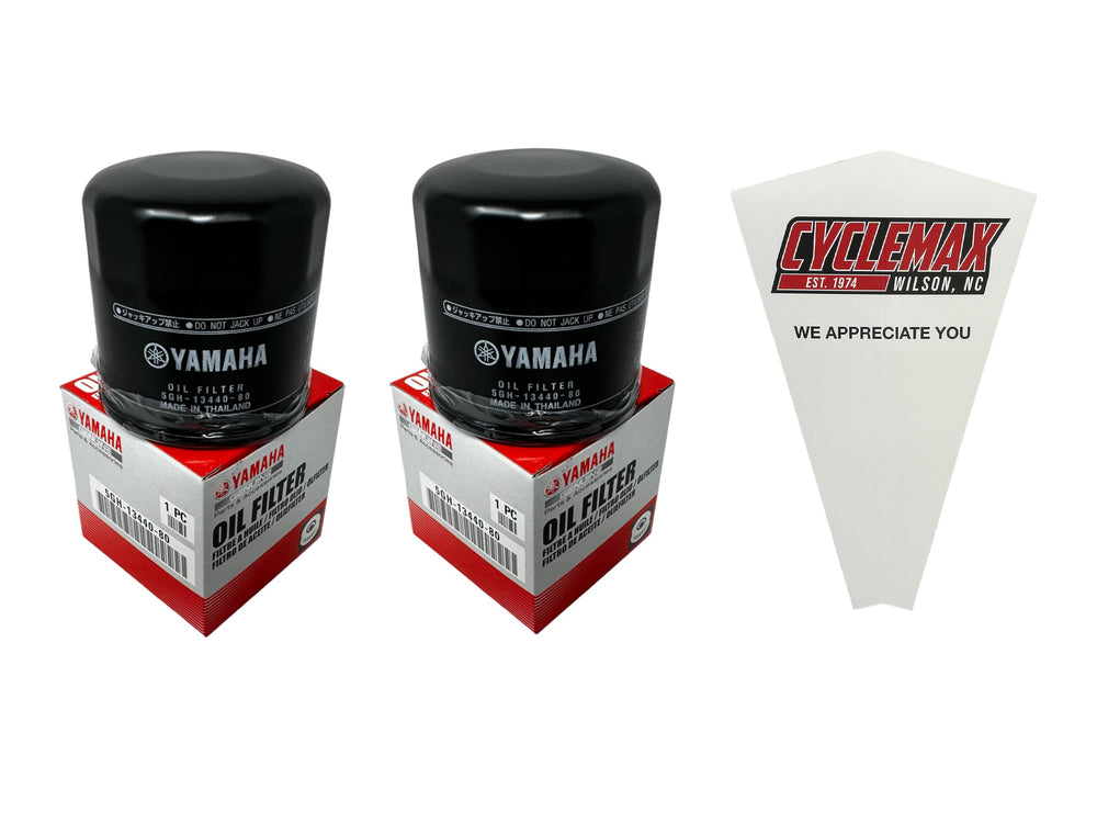 Cyclemax two-pack oil filters front view showing packaging and funnel benefit