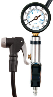 CycloSpirit front view inflator gauge showing full unit and hose, reliable shop performance