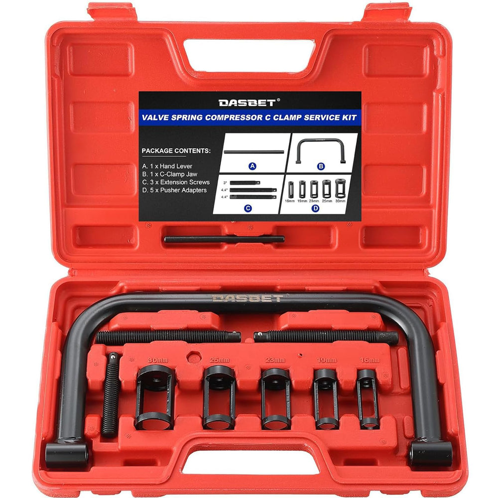 DASBET valve spring compressor front view showing complete kit for versatile engine work