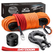 DAYDOOR front packaging showing orange synthetic winch rope and included accessories for quick identification