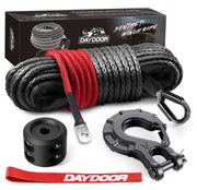 DAYDOOR front view of packaged synthetic winch rope showing kit contents and benefits