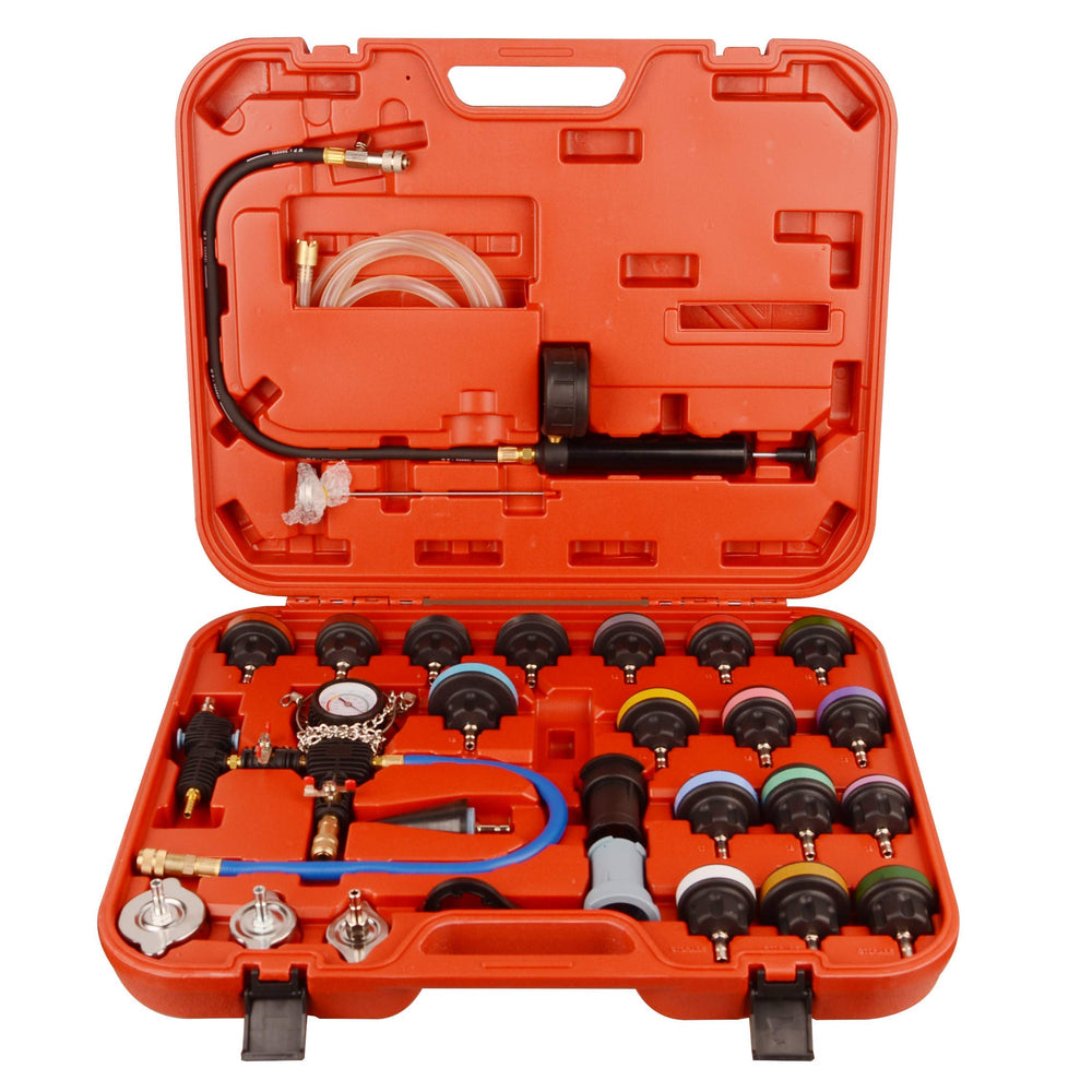 DAYUAN front packaging showing full 28-piece radiator tester kit and contents