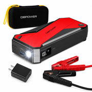 DBPOWER front view showing compact jump starter and clear brand for easy storage