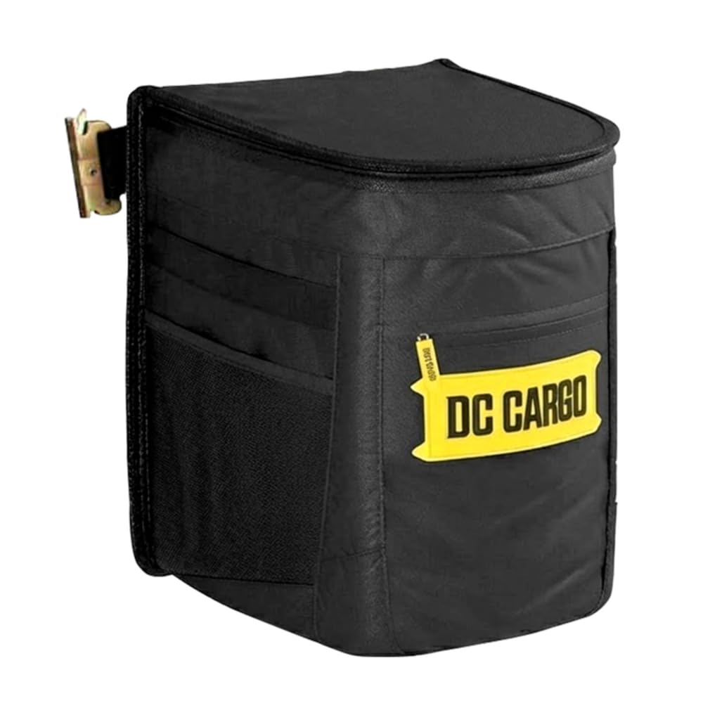 DC Cargo Mall front view of hanging garbage can showing durable canvas and lid benefit