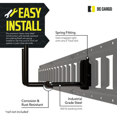 DC Cargo Mall hook clipped into E-track rail inside trailer showing secure mounting benefit