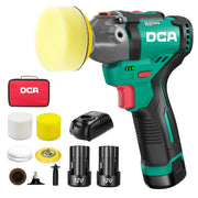 DCA front view of cordless polisher kit showing included pads and plates for quick setup