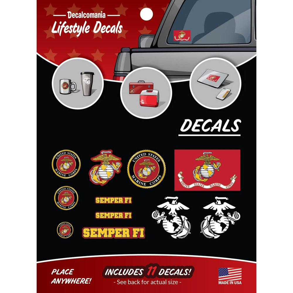 DECALCOMANIA LIFESTYLE DECALS retail packaging showing 11-piece USMC set and hologram for authenticity