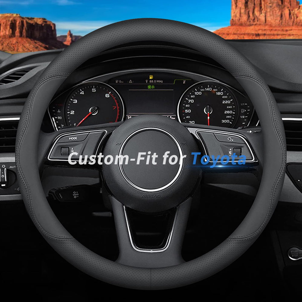 Deer Route front view of steering wheel cover showing design and fit, improves cabin style