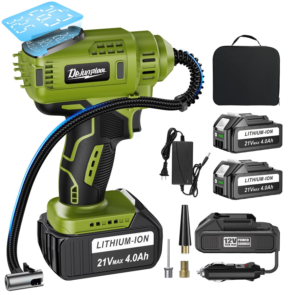 DEJUNPIOOL inflator front view showing compact portable design and fast inflation