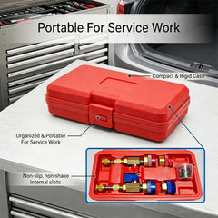 Dekvoraq tool in use on car AC port demonstrating leak-free valve core removal benefit
