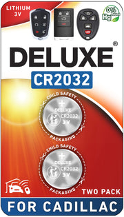 Deluxe Batteries front packaging showing CR2032 cells and Cadillac compatibility benefit