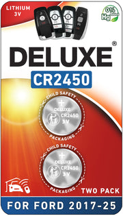 Deluxe Batteries front packaging showing CR2450 two-pack and compatibility benefits