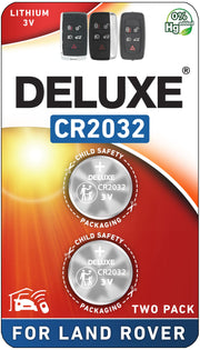 Deluxe Batteries front packaging showing two CR2032 cells and model benefit
