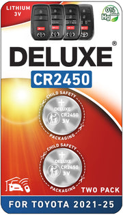 Deluxe Batteries front packaging showing two CR2450 cells and clear labeling benefits quick identification