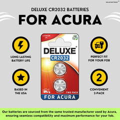 Acura key fob opened with Deluxe Batteries CR2032 in compartment — easy DIY replacement demonstrated
