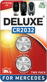 Deluxe Batteries front packaging showing two CR2032 cells and clear branding benefit: easy identification