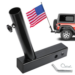DenForste front view of hitch flag holder showing sturdy mount and clear flag display