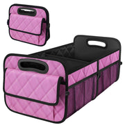 Deosk pink trunk organizer front view showing brand and neat storage benefit