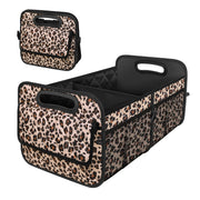 Deosk front view leopard trunk organizer shows roomy storage and neat transport