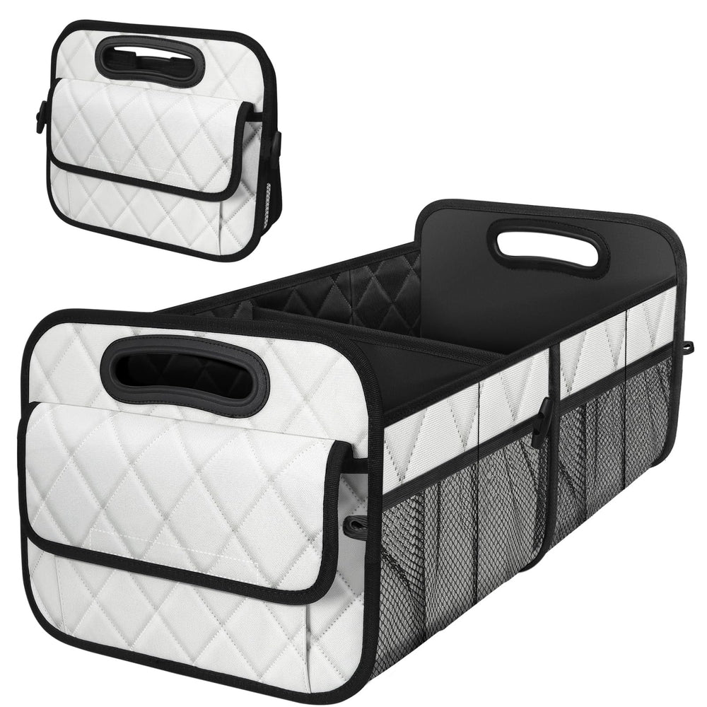 Deosk front view medium beige trunk organizer showing organized storage benefit