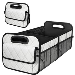 Deosk front view medium beige trunk organizer showing organized storage benefit