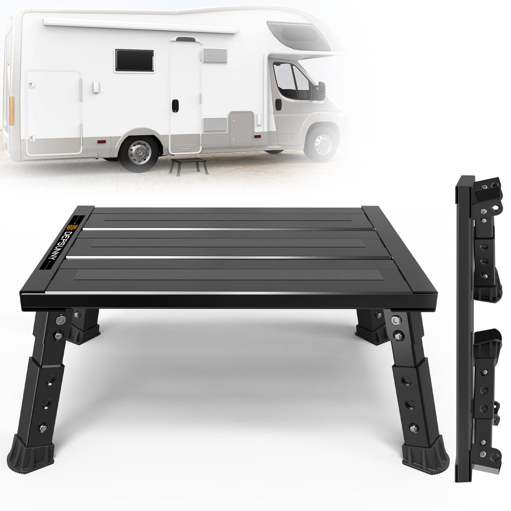 DEPSUNNY front view of black RV step showing wide platform for safer entry