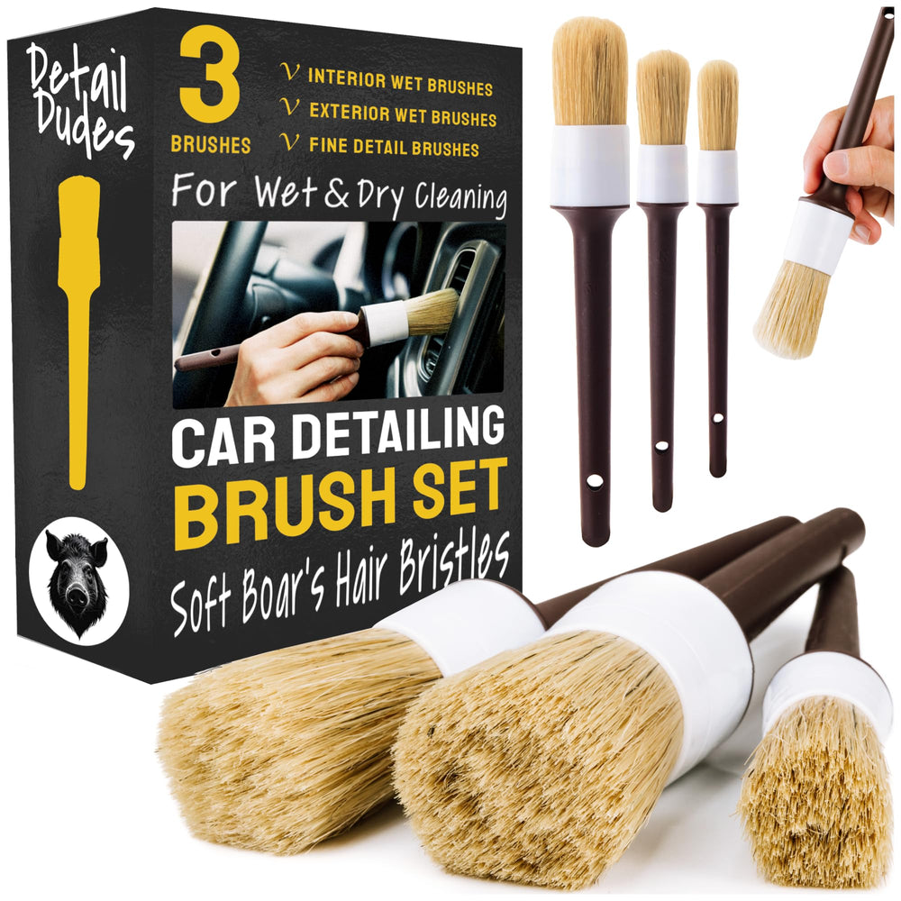 Detail Dudes brush set front packaging showing three brushes and benefits