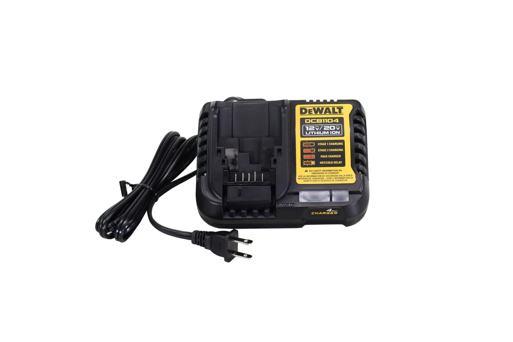 DEWALT DCB1104 front view showing charging slot and compact design for fast recharges