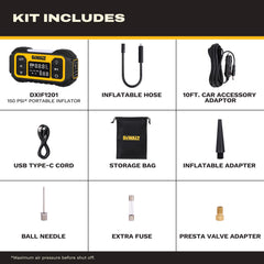 DEWALT digital gauge close-up displaying multiple units for accurate inflation