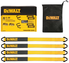 DEWALT kit front packaging showing four axle straps and carrying bag, convenient storage benefit
