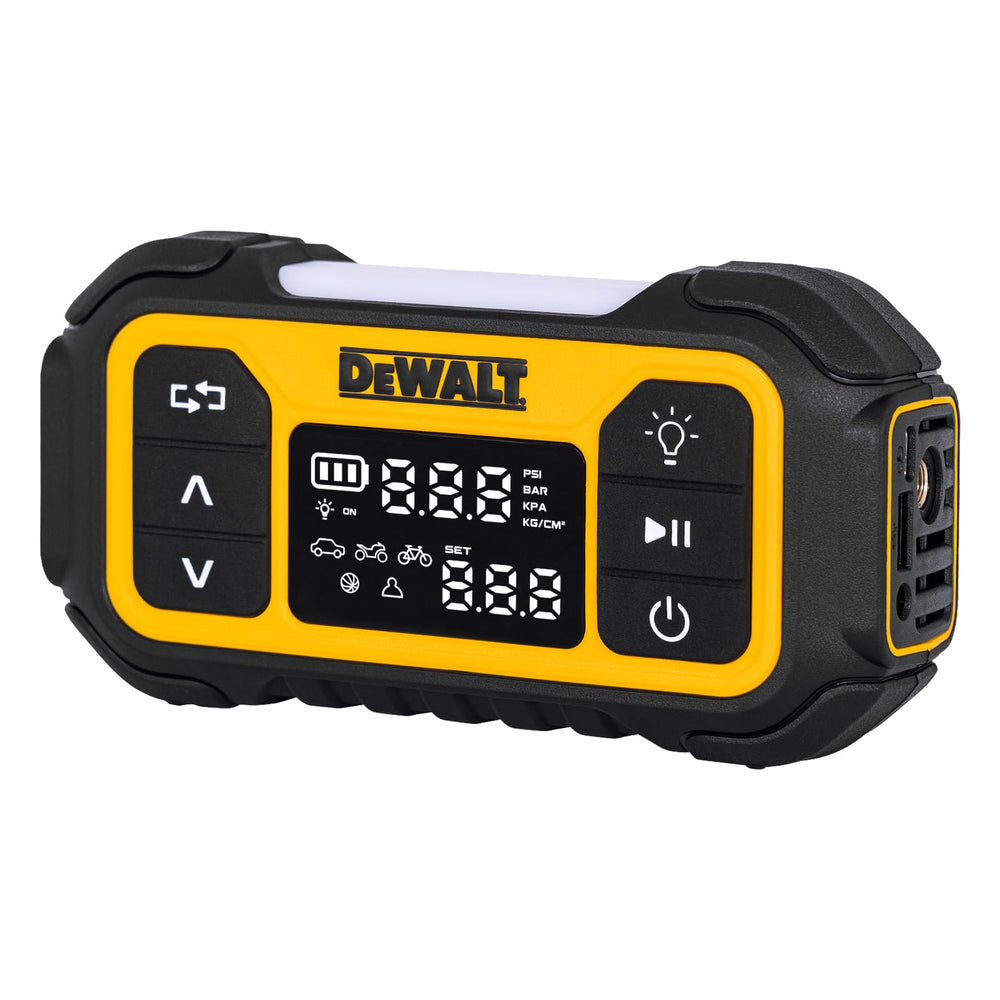 DEWALT front view of the inflator showing compact design and brand reliability