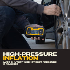 DEWALT air hose and adapters laid out for versatile inflation tasks