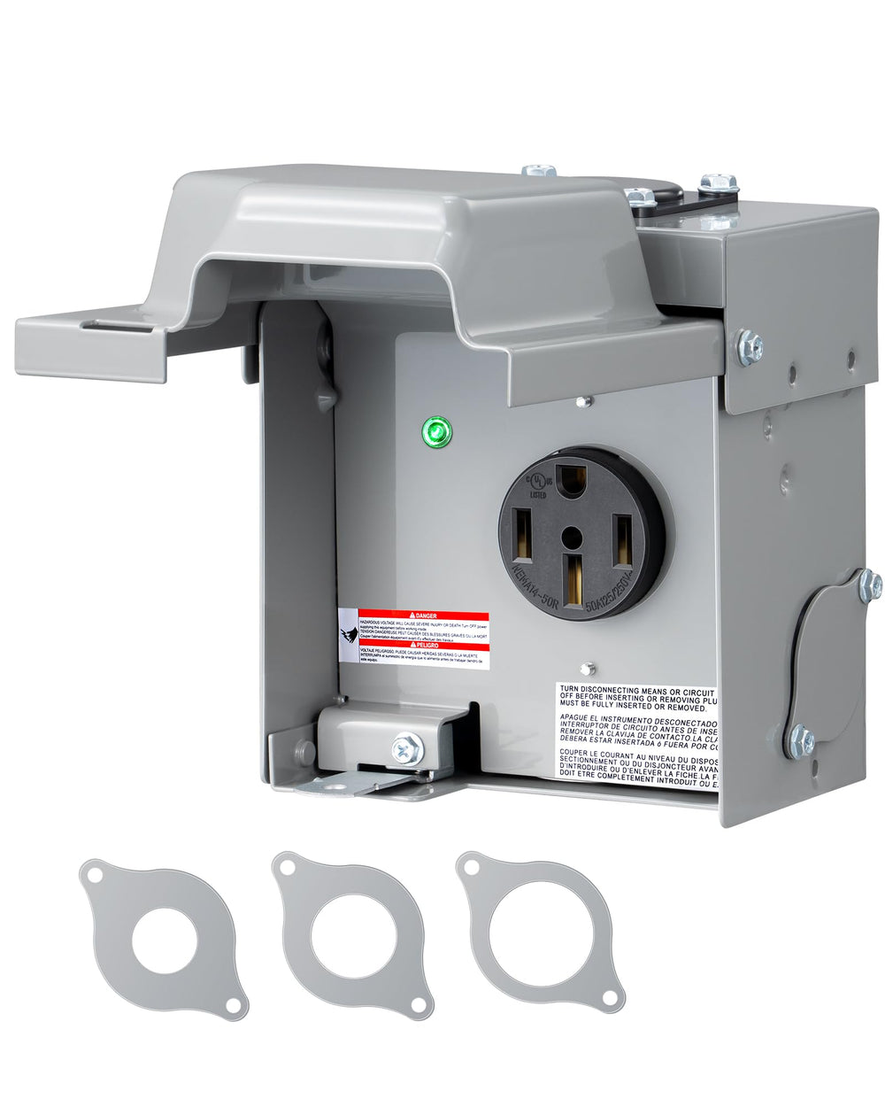 DEWENWILS front view of outdoor 50A outlet box showing durable protection and easy access