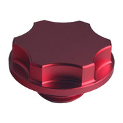 DEWHEL billet aluminum oil fill cap front view showing threaded design and red finish for durability