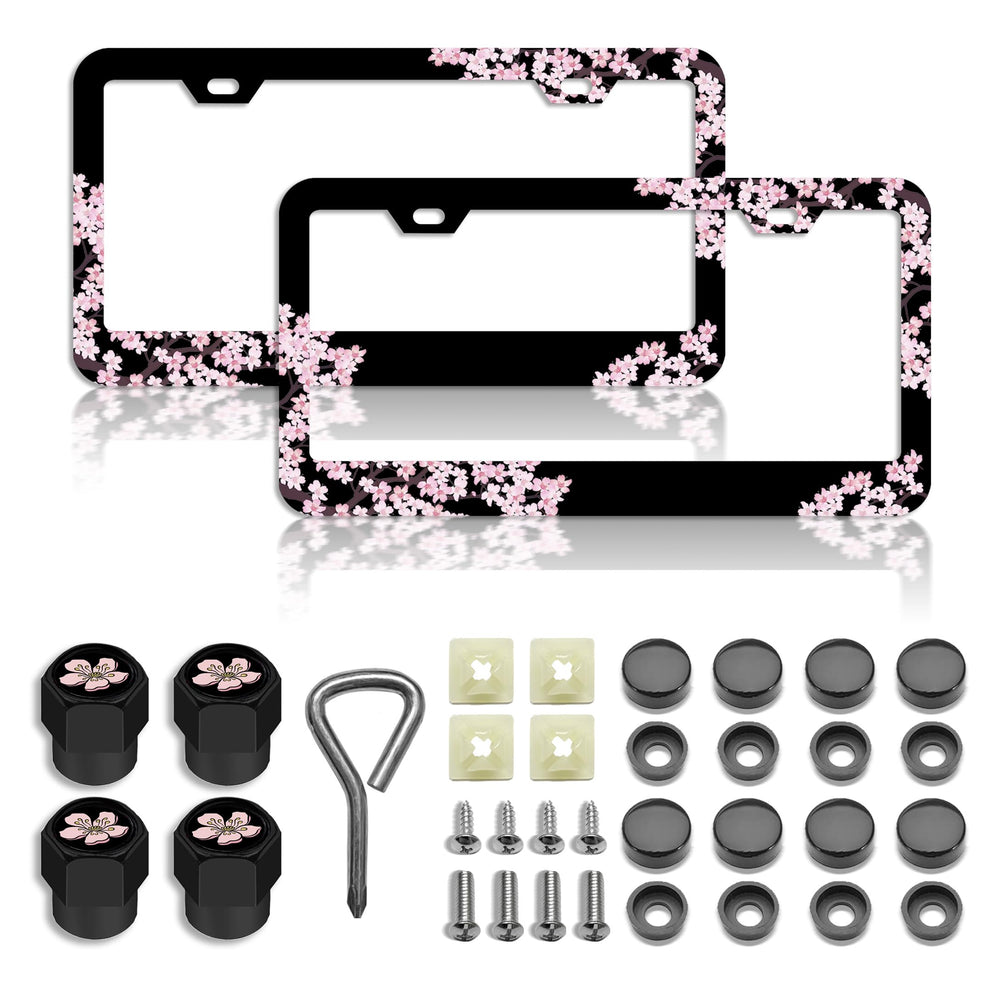 DGDRHZ front view of pink cherry blossoms steel license plate frame, durable style