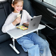 DICMKY front view of large car seat tray showing broad tabletop and slots for devices