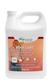 Dicor roof guard front view showing gallon container and clear product identity