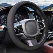 DiHTing front view of black steering wheel cover shows sleek fit and protection