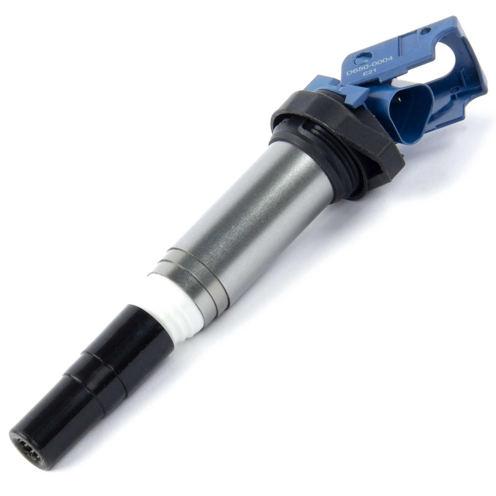 Dinan ignition coil front view showing durable casing and blue finish benefits reliability