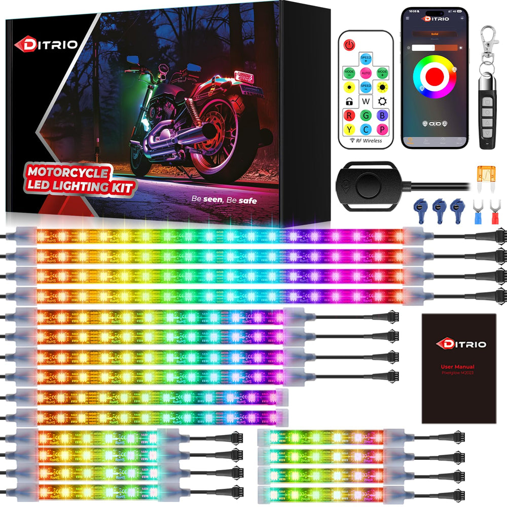 DITRIO full underglow kit laid out, showing all 18 pieces and controller benefits