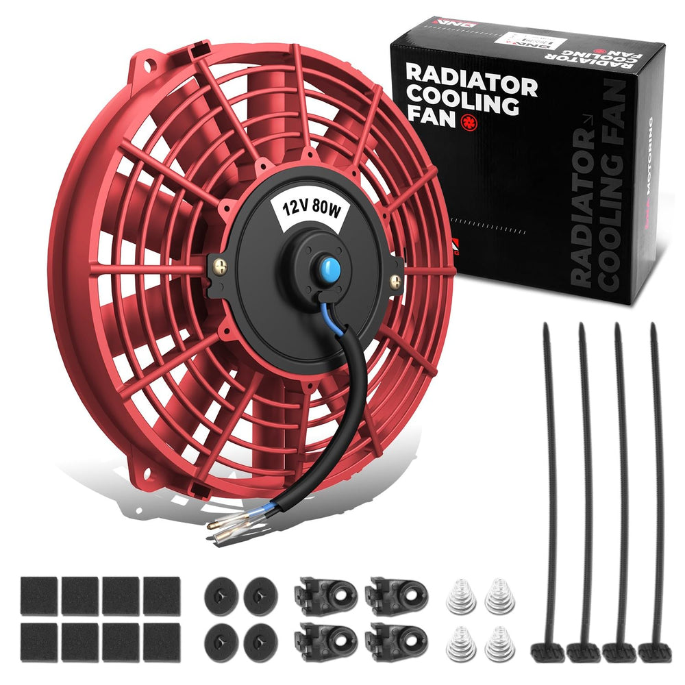DNA MOTORING 7-inch red fan front view showing compact design and improved airflow
